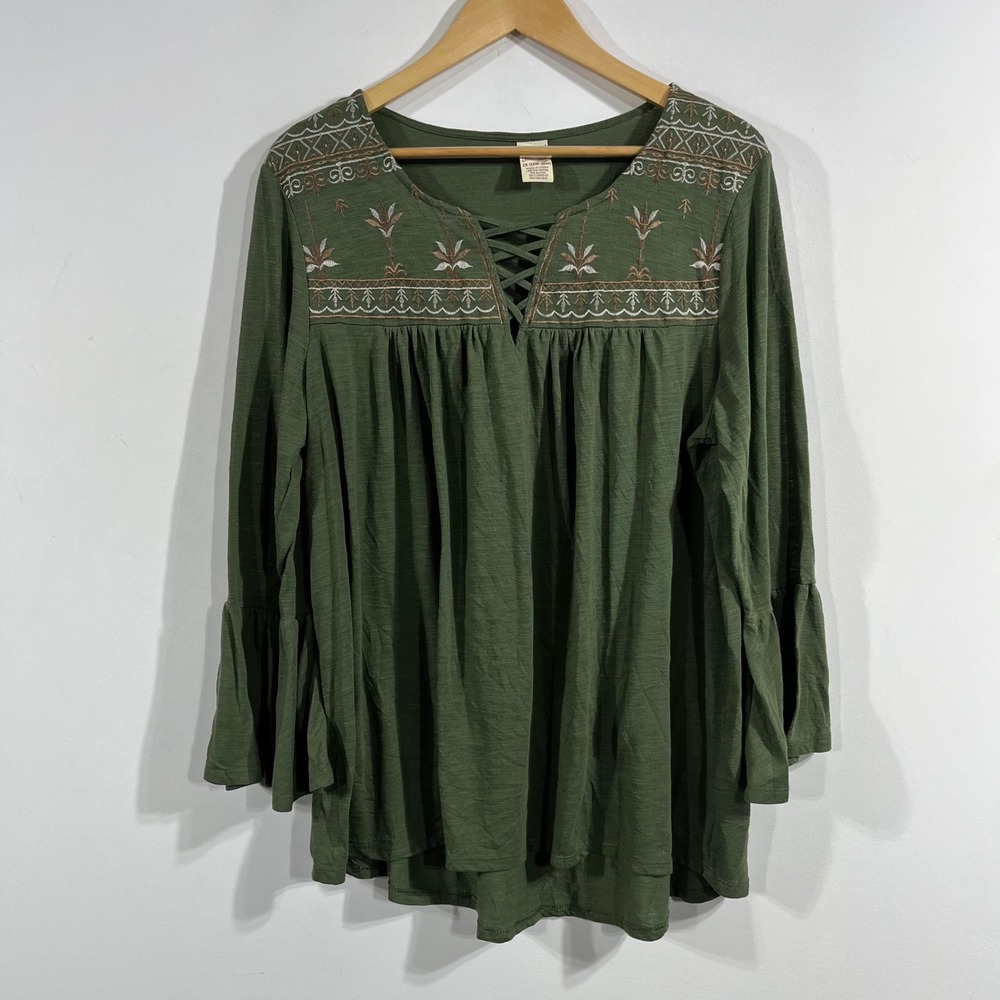 Peasant 90s Renfair Cottagecore Boho Olive Green Embroidered Bell Sleeve Top 2X